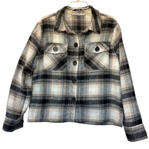 BB Dakota Steve Madden Plaid Flannel Shacket Jacket Black Cream Womens Large